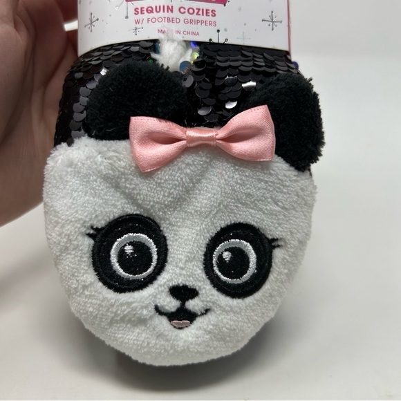 Sketchers Panda Sequin Cozy Socks Girls Size L/XL Black and Cute with Pink Bow - Picture 2 of 8